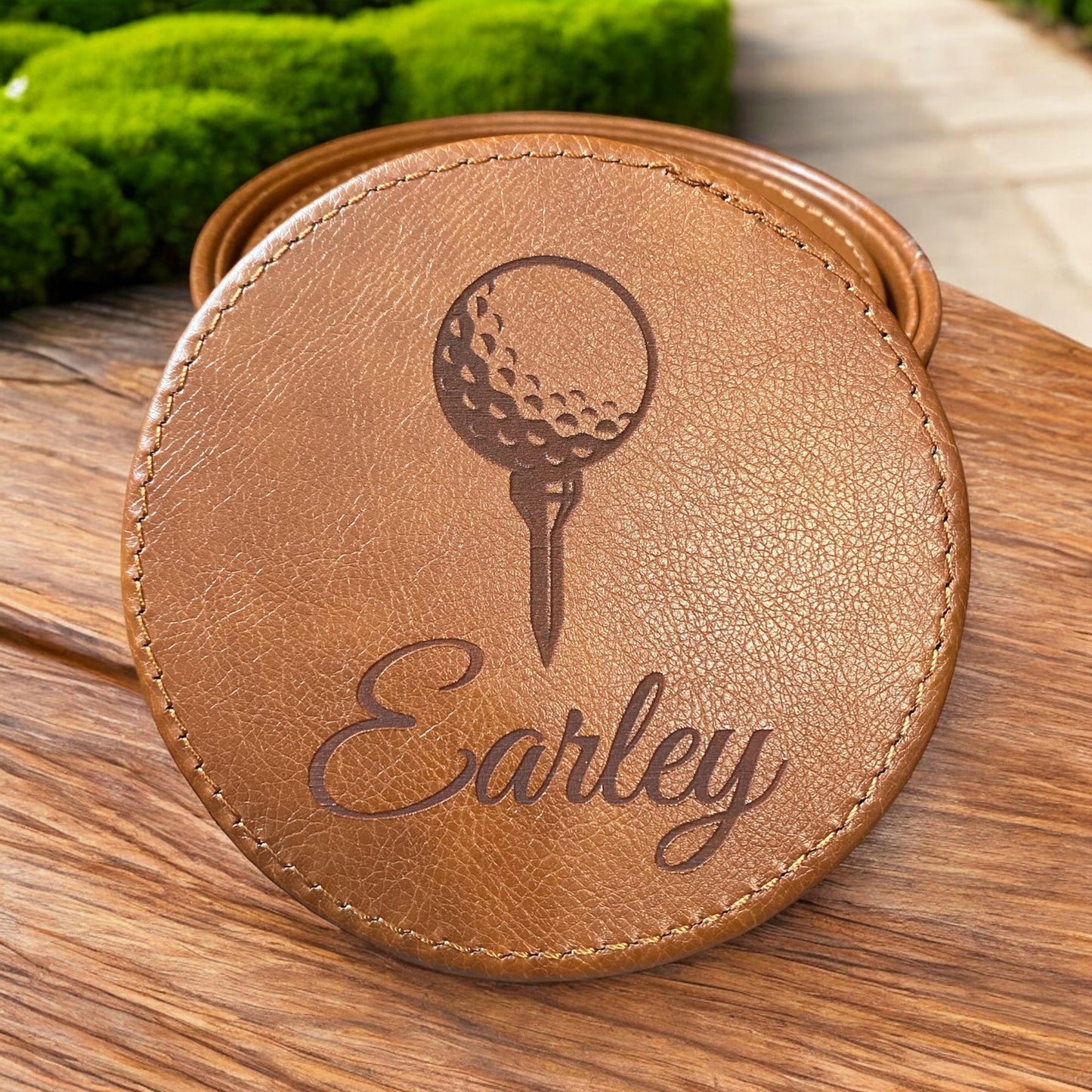 Custom Golf Ball Tee Leather Coaster Set with Family Name, Personalized Golf Gift - SystemPoint Solutions