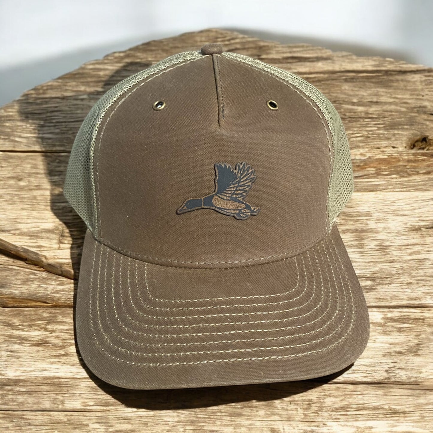 Duck Hunting Leather Patch Hat - Brown Trucker Cap - Waterfowl Hunting Snapback - Outdoor Sportsman Hat for Hunters - SystemPoint Solutions