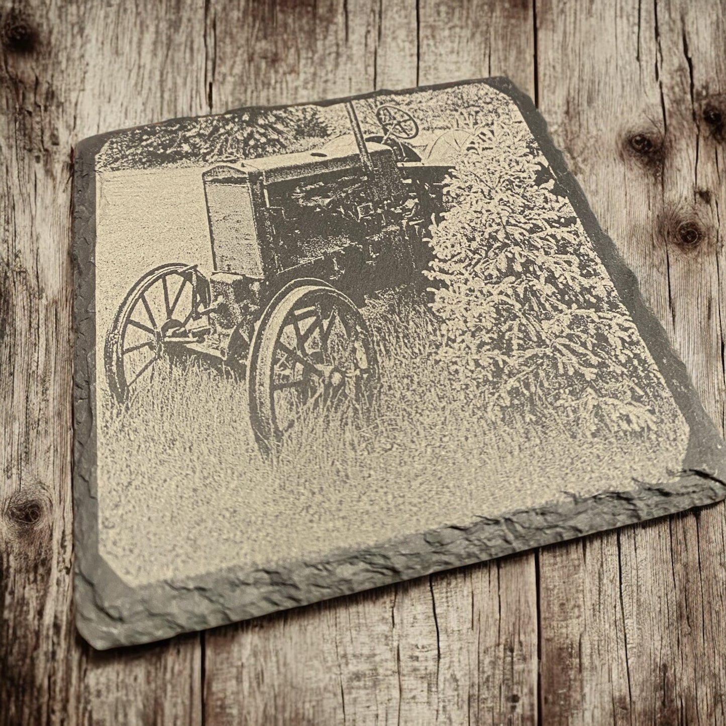 Set of 4 Tractor Scene Slate Coasters - Custom Laser Engraved, Farm Tractor Coasters, Country Life Gift Set - SystemPoint Solutions