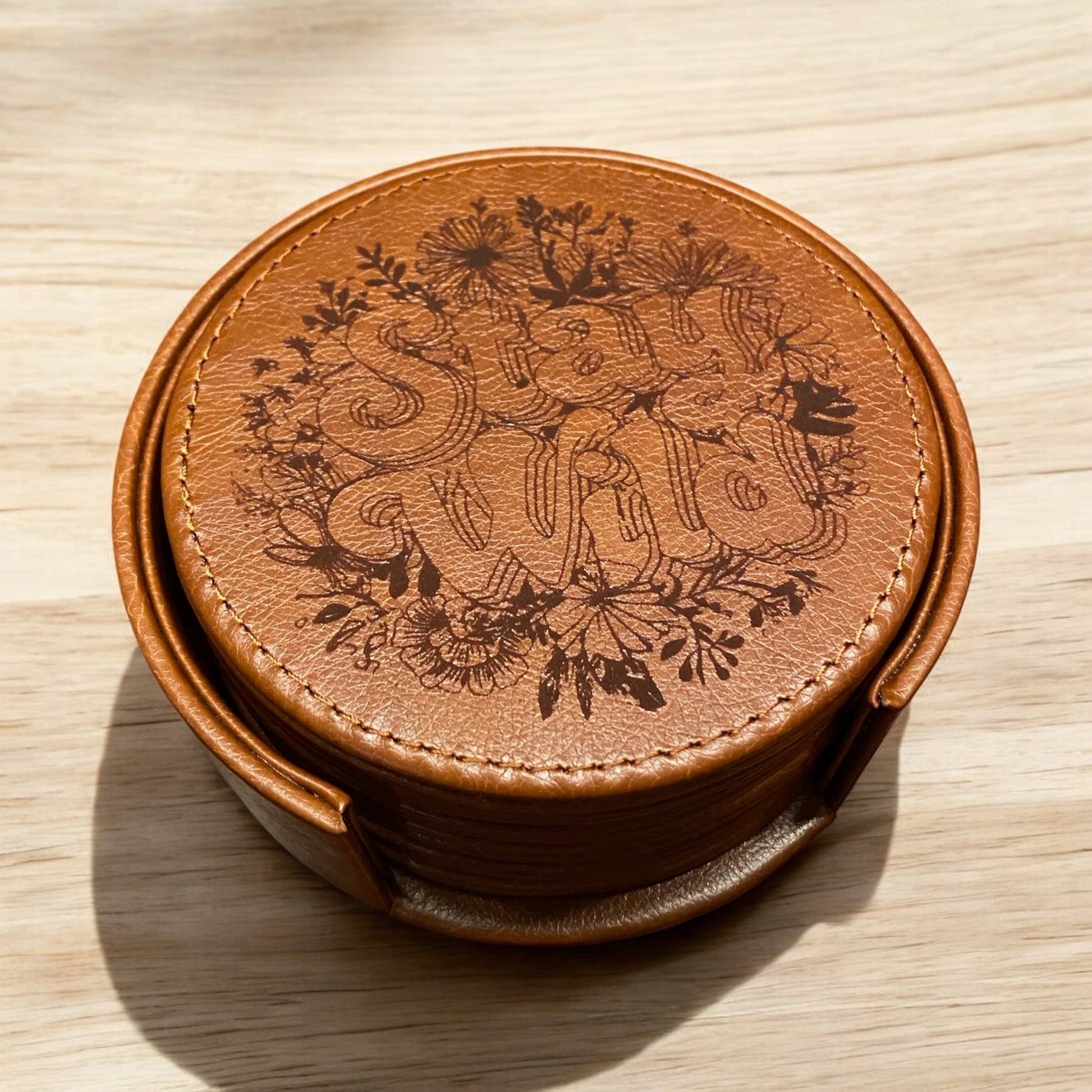 Set of 6 Leather Coasters with Holder - Custom 'Stay Wild' Flower Theme, Laser Engraved Gift Set - SystemPoint Solutions