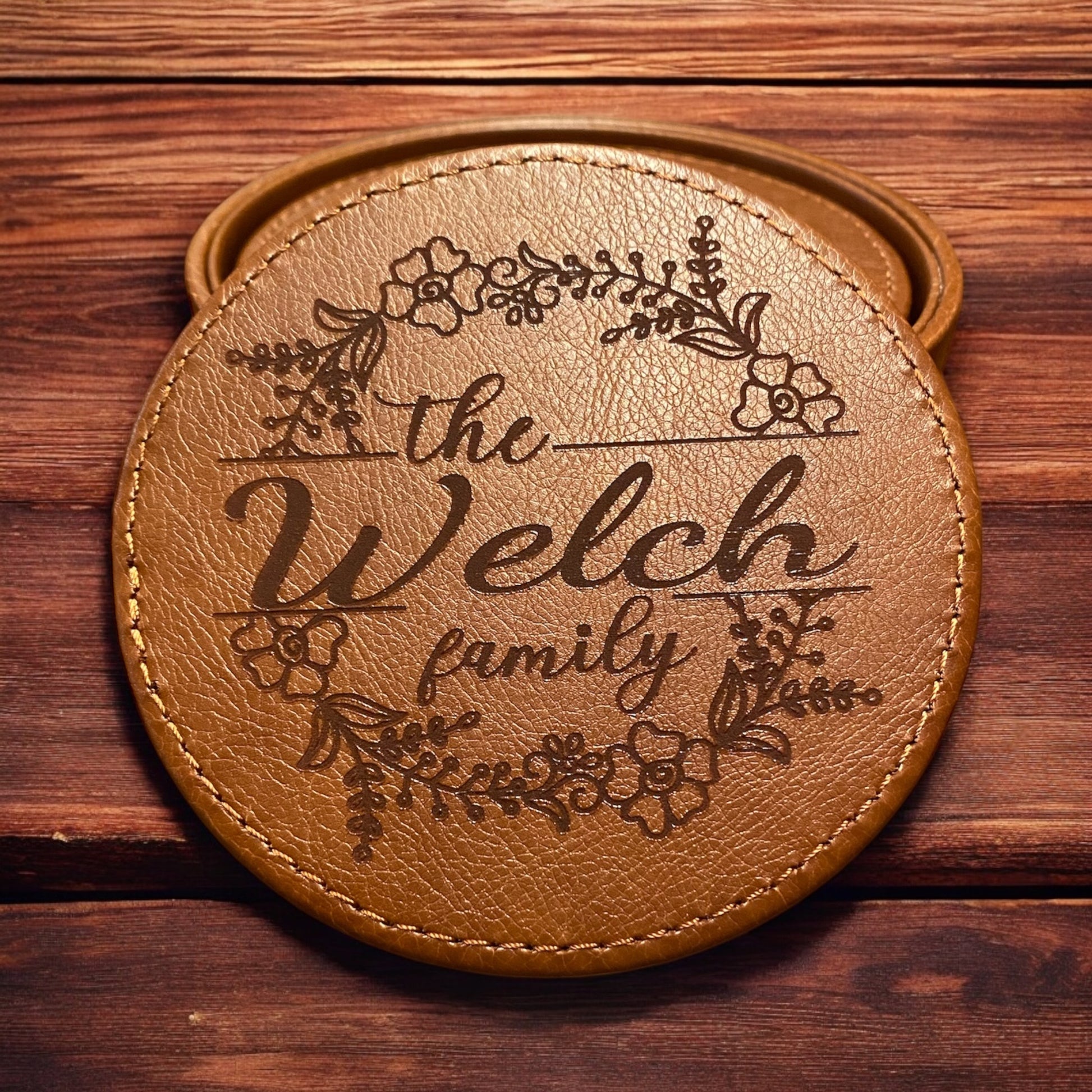 Personalized Leather Coaster Set, Engraved Arch Flower Design Family Name, 6-Piece Drink Coasters with Holder, Customized Housewarming Gift, Custom Leather Coasters, Unique Family Gift - SystemPoint Solutions