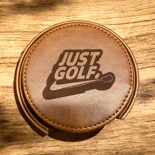 6-Piece Leather Coaster Set with Holder - Custom Laser Engraved 'Just Golf' Design, Golf Lover Gift - SystemPoint Solutions