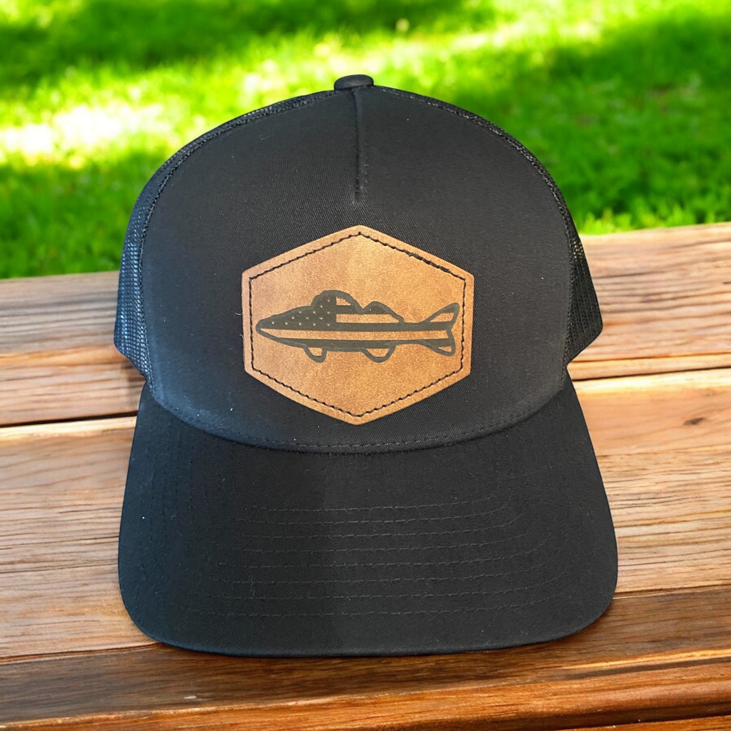 USA Walleye Hat – Leather Patch Trucker Cap | American Flag Fishing Hat | Custom Engraved Fishing Gift | Outdoorsman & Angler Hat - SystemPoint Solutions