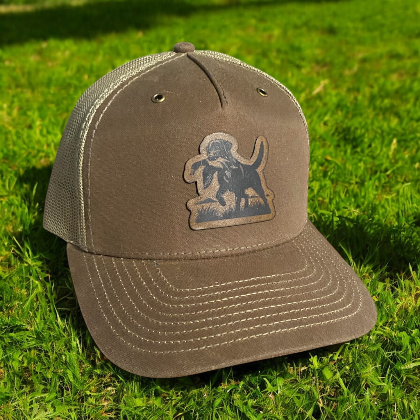 Custom Leather Patch Hat – Hunting Dog Trucker Cap | Engraved Labrador Retriever Hat | Adjustable Mesh Back Hat for Outdoors, Hunting, and Sportsmen - SystemPoint Solutions