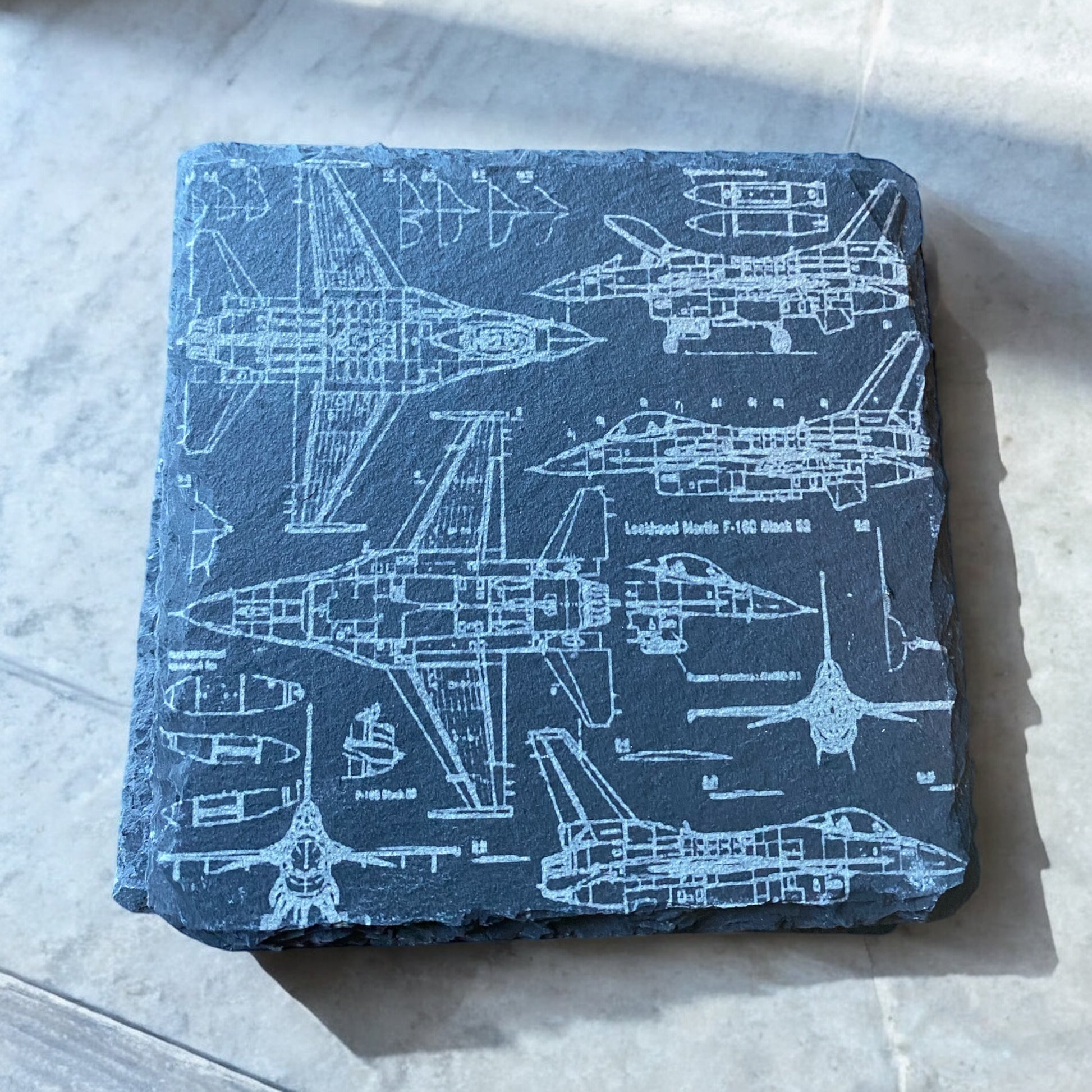 F-16 Blueprint Slate Coasters Set of 4 | Fighter Jet Drink Coasters | Military Aviation Gift | Engraved Pilot Coasters | Air Force Decor - SystemPoint Solutions