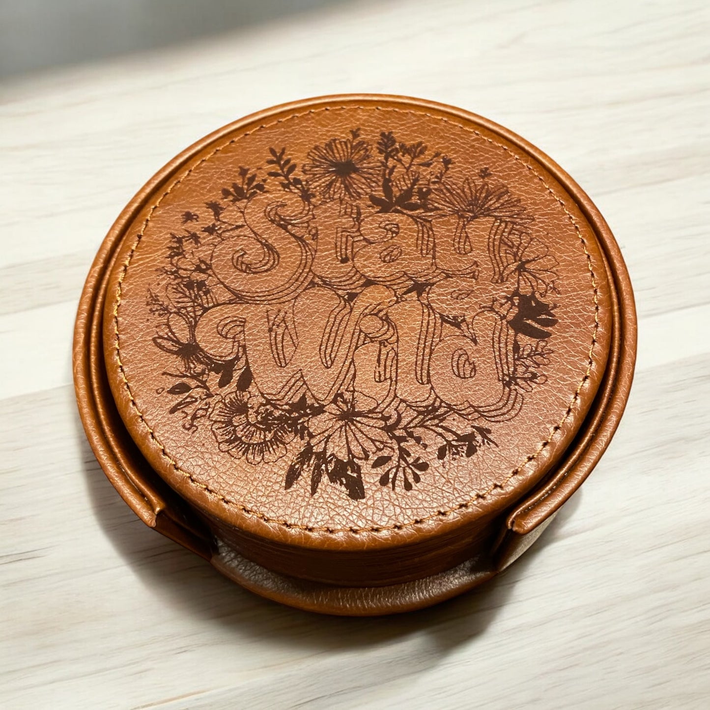 Set of 6 Leather Coasters with Holder - Custom 'Stay Wild' Flower Theme, Laser Engraved Gift Set - SystemPoint Solutions