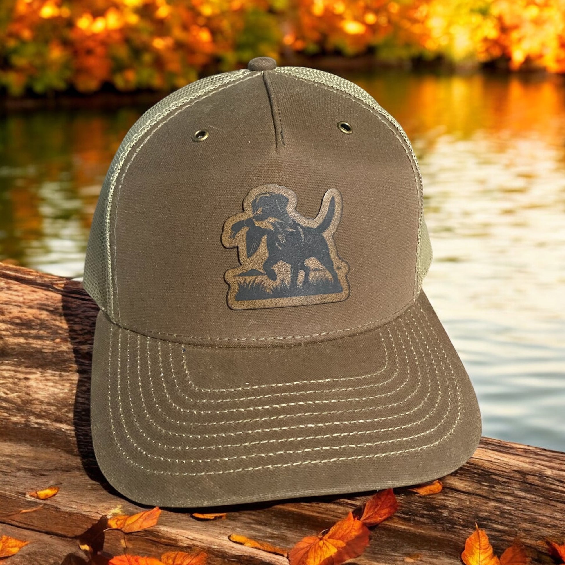 Custom Leather Patch Hat – Hunting Dog Trucker Cap | Engraved Labrador Retriever Hat | Adjustable Mesh Back Hat for Outdoors, Hunting, and Sportsmen - SystemPoint Solutions