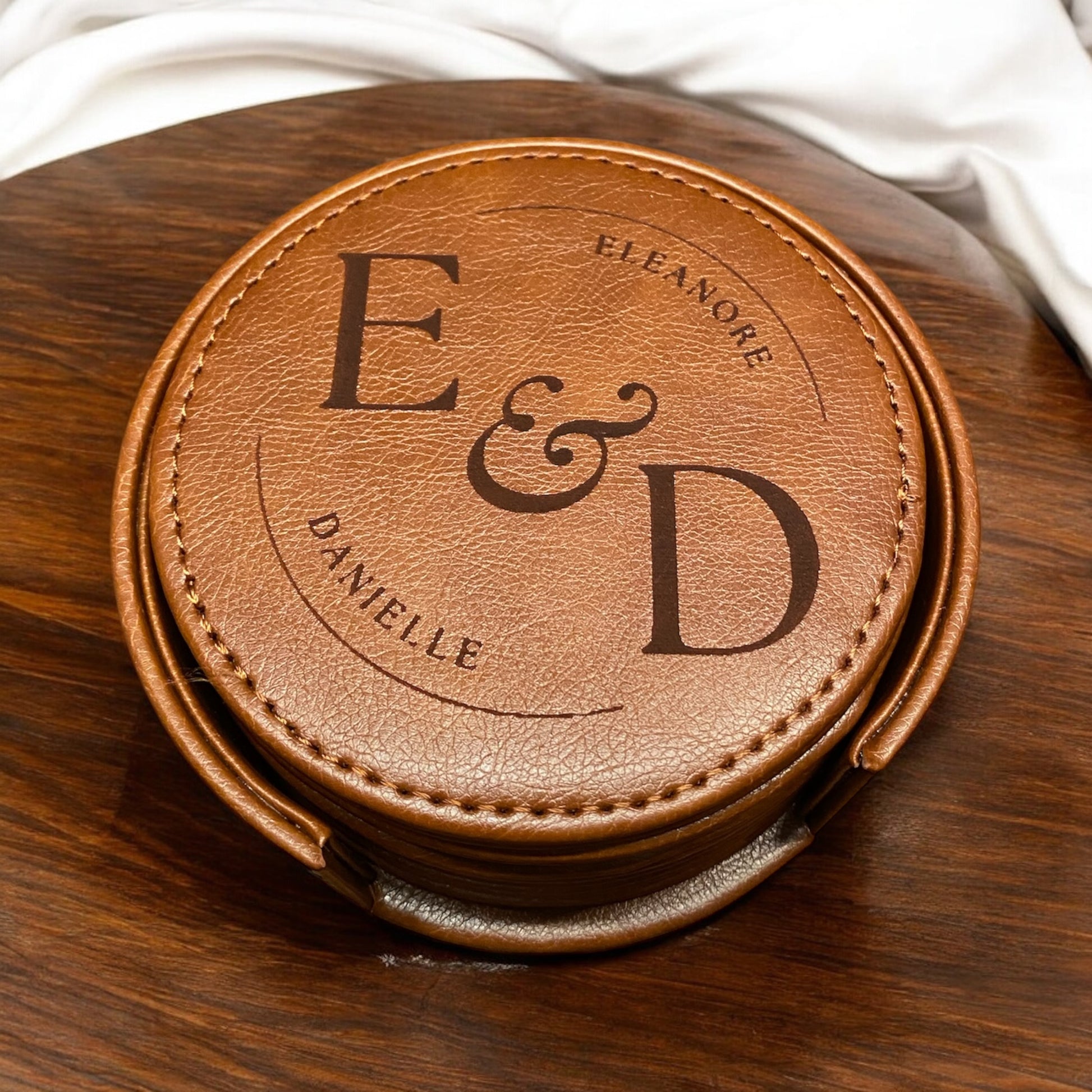 Set of 6 Leather Coasters with Holder - Custom Circle Design Letter Coasters, Laser Engraved Gift Set - SystemPoint Solutions