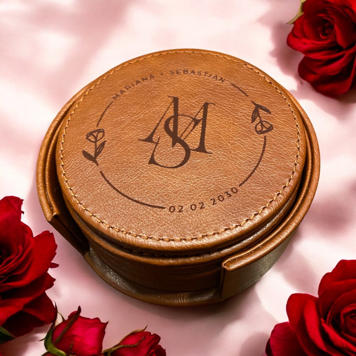 Set of 6 Leather Coasters with Holder - Custom Circle Rose Design Wedding Theme, Initials, Names & Date - SystemPoint Solutions