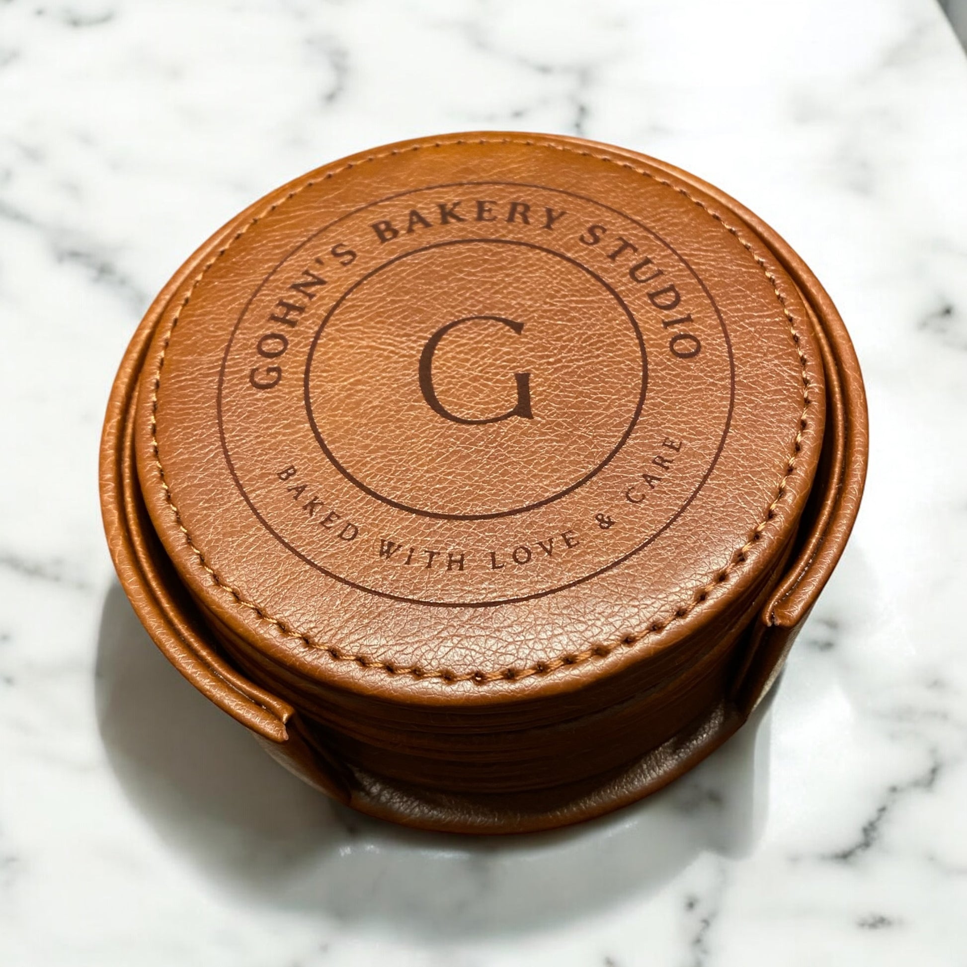 Set of 6 Leather Coasters with Holder - Custom Initial and Name Design, Laser Engraved Gift Set - SystemPoint Solutions