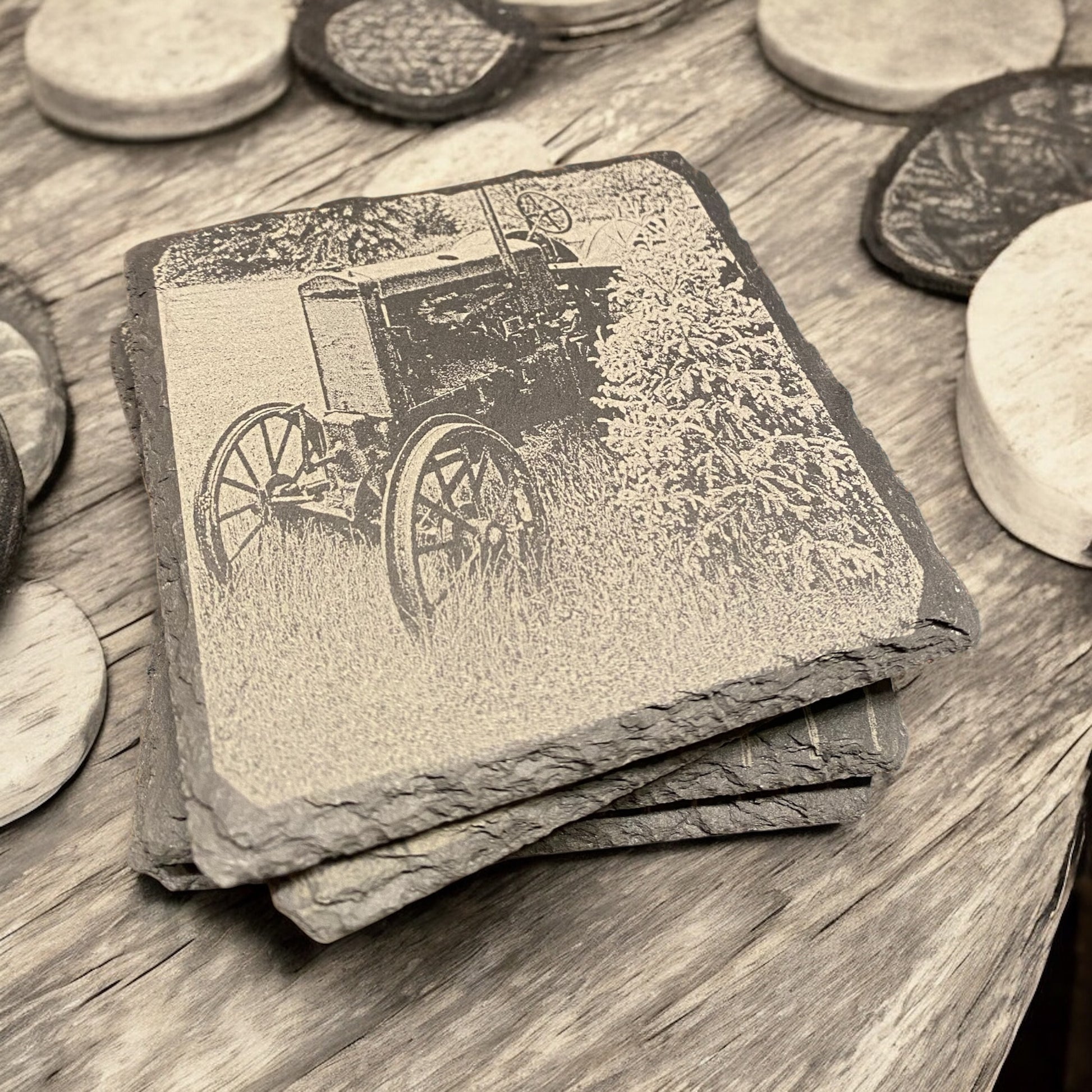 Set of 4 Tractor Scene Slate Coasters - Custom Laser Engraved, Farm Tractor Coasters, Country Life Gift Set - SystemPoint Solutions