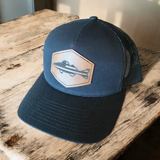 USA Walleye Hat – Leather Patch Trucker Cap | American Flag Fishing Hat | Custom Engraved Fishing Gift | Outdoorsman & Angler Hat - SystemPoint Solutions