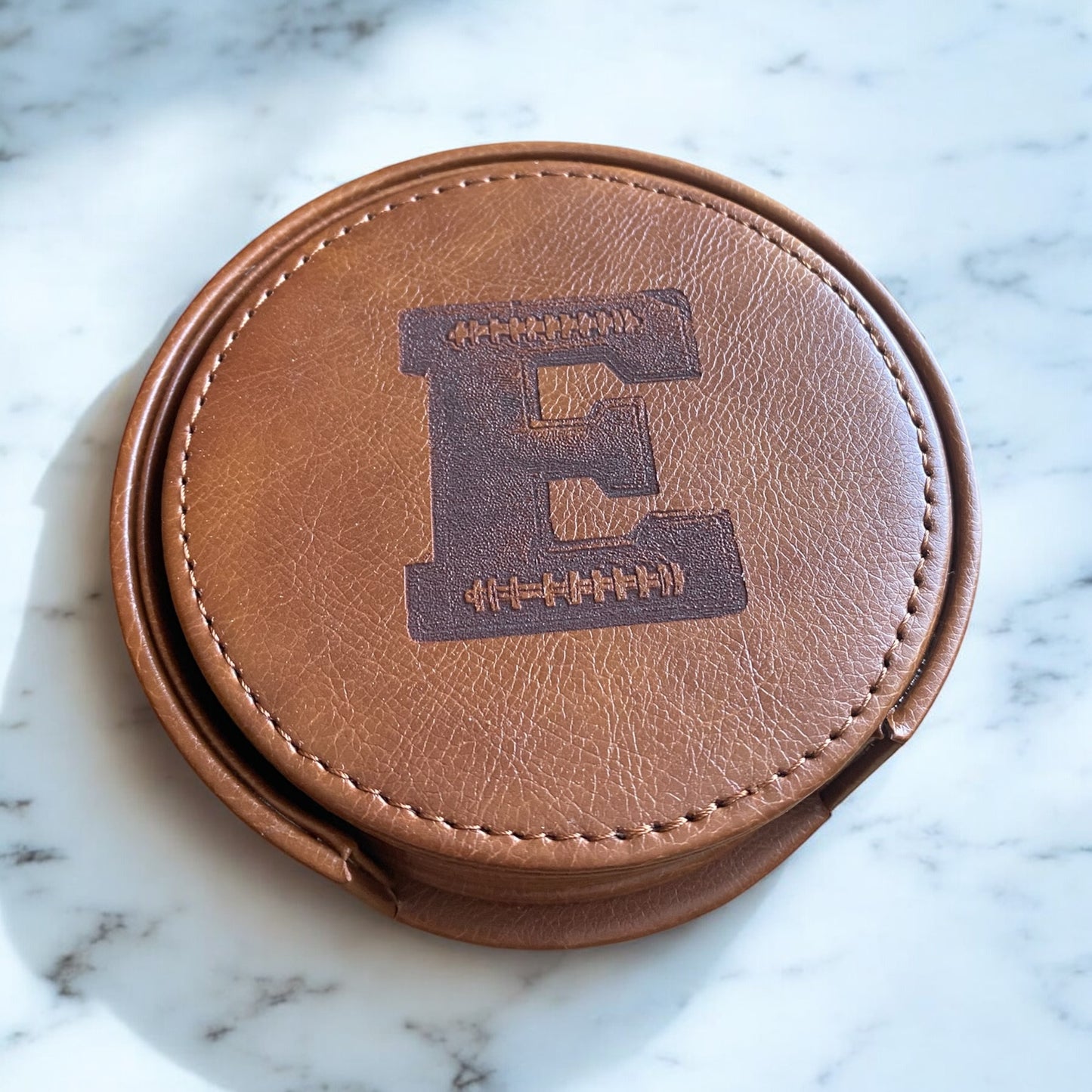 Personalized Monogram Leather Coaster Football Set with Holder – Set of 6 - SystemPoint Solutions