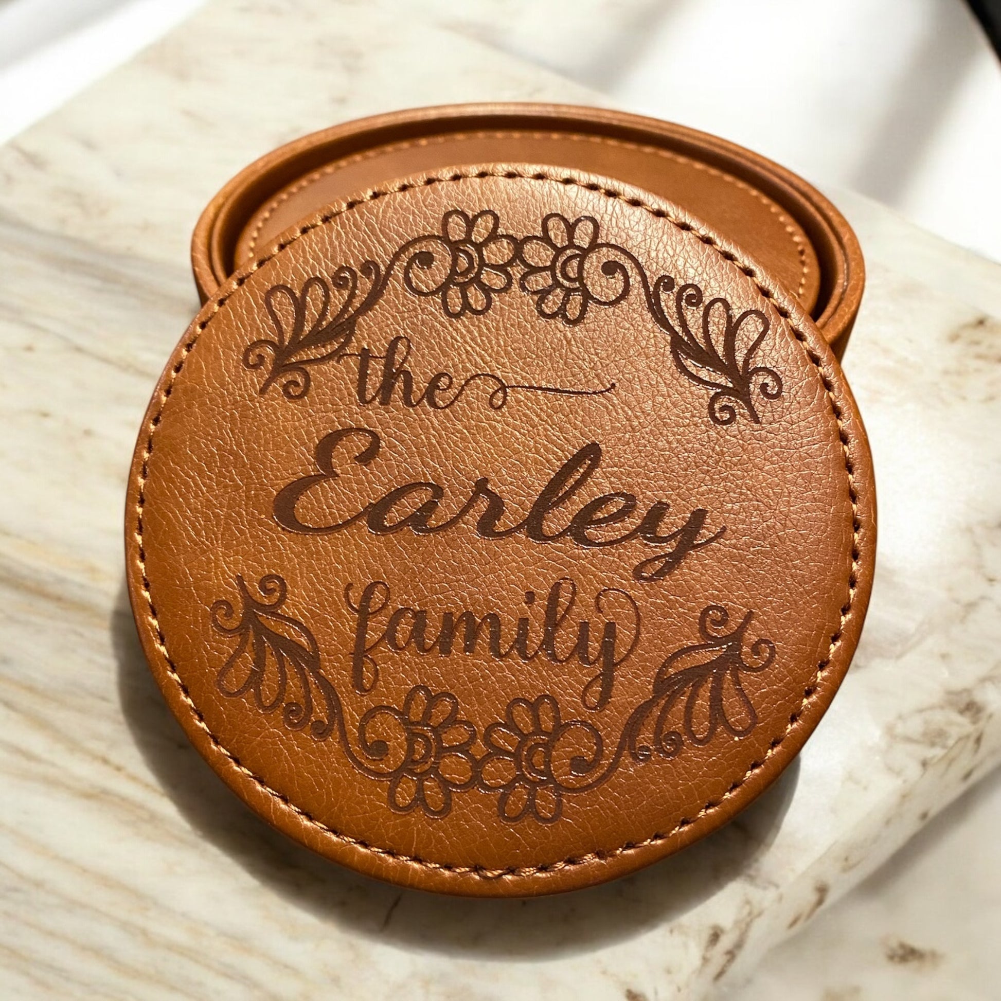 Personalized Leather Coaster Set - Engraved Family Flower Cursive Name - 6 Piece Drink Coasters with Holder - Customized Housewarming Gift - SystemPoint Solutions