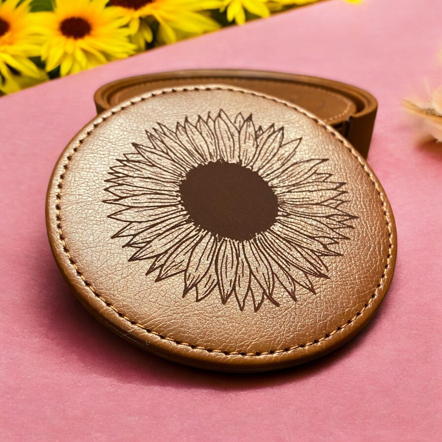 Set of 6 Leather Coasters with Holder - Custom Sunflower Theme, Laser Engraved Gift Set - SystemPoint Solutions