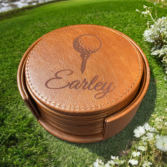 Custom Golf Ball Tee Leather Coaster Set with Family Name, Personalized Golf Gift - SystemPoint Solutions