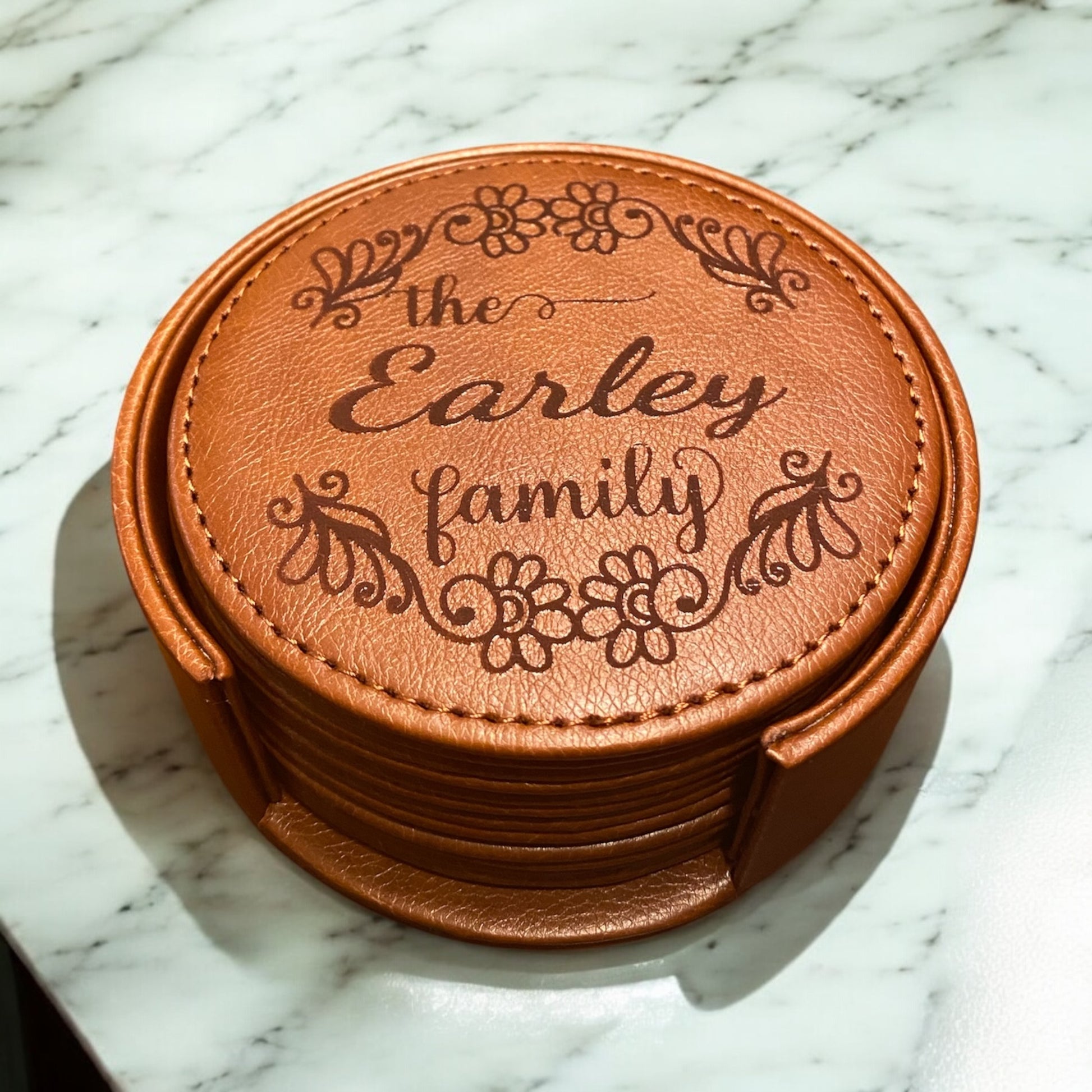 Personalized Leather Coaster Set - Engraved Family Flower Cursive Name - 6 Piece Drink Coasters with Holder - Customized Housewarming Gift - SystemPoint Solutions