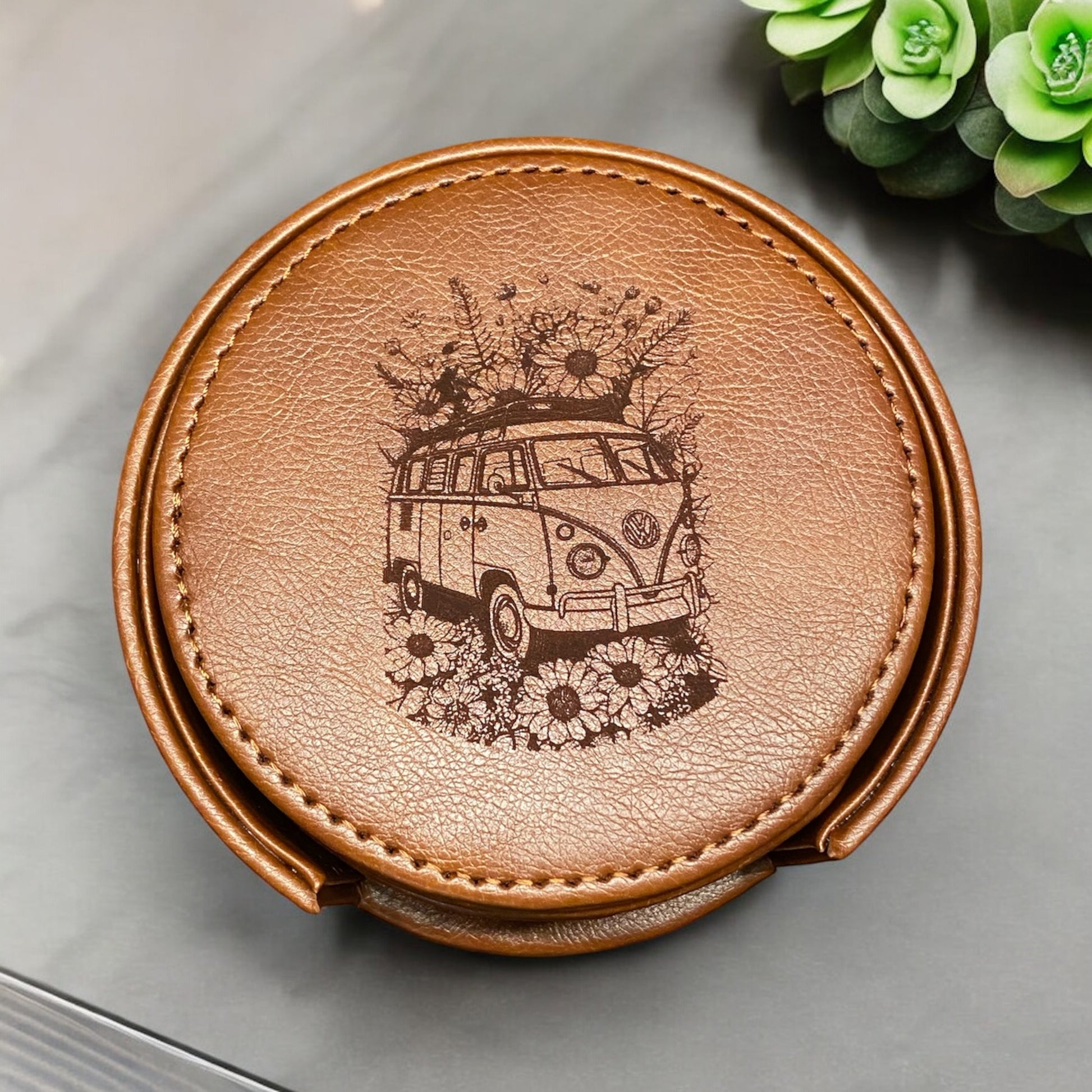 Set of 6 Leather VW Bus Flower Coasters with Holder - Custom Laser Engraved, Retro Floral VW Bus Gift Set - SystemPoint Solutions