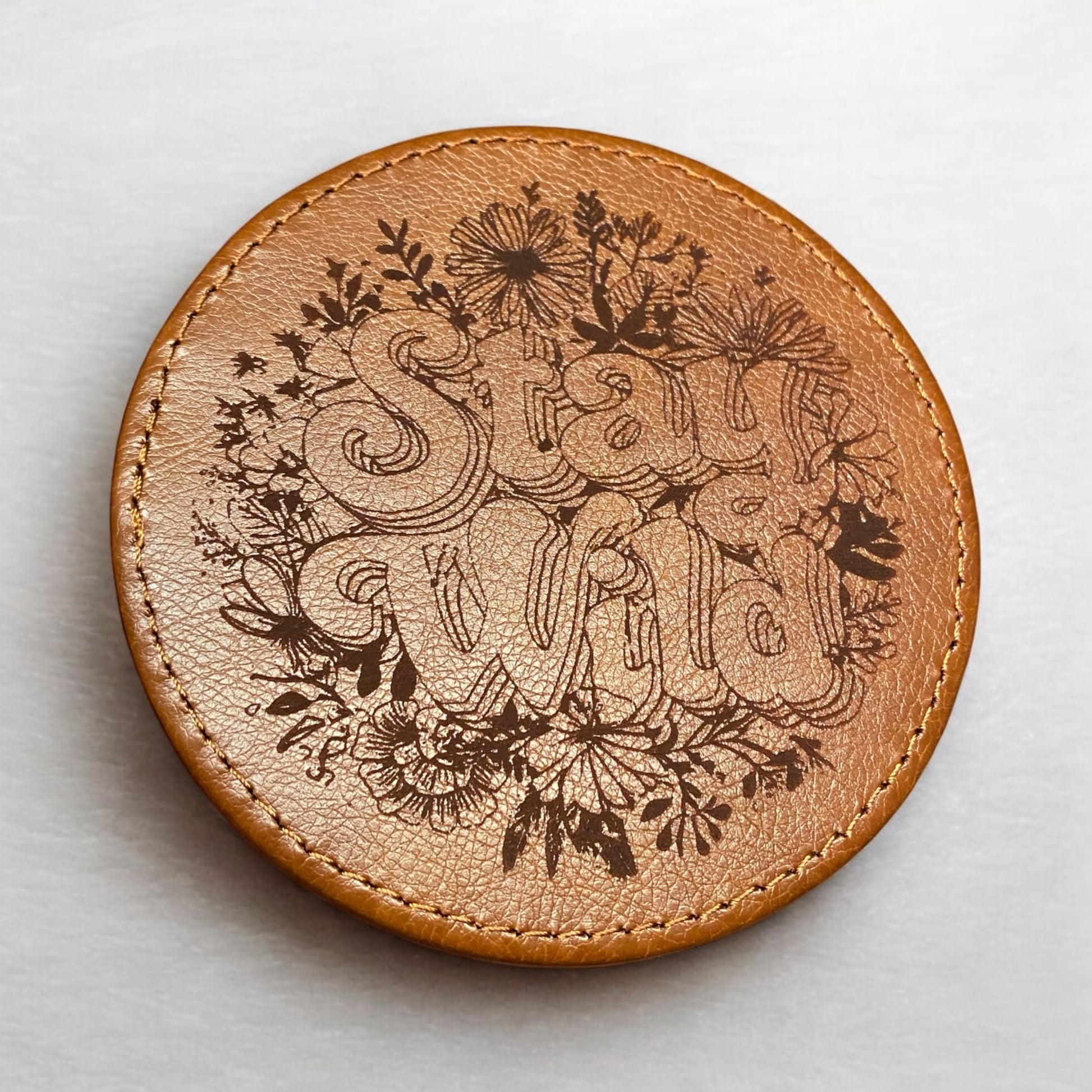 Set of 6 Leather Coasters with Holder - Custom 'Stay Wild' Flower Theme, Laser Engraved Gift Set - SystemPoint Solutions