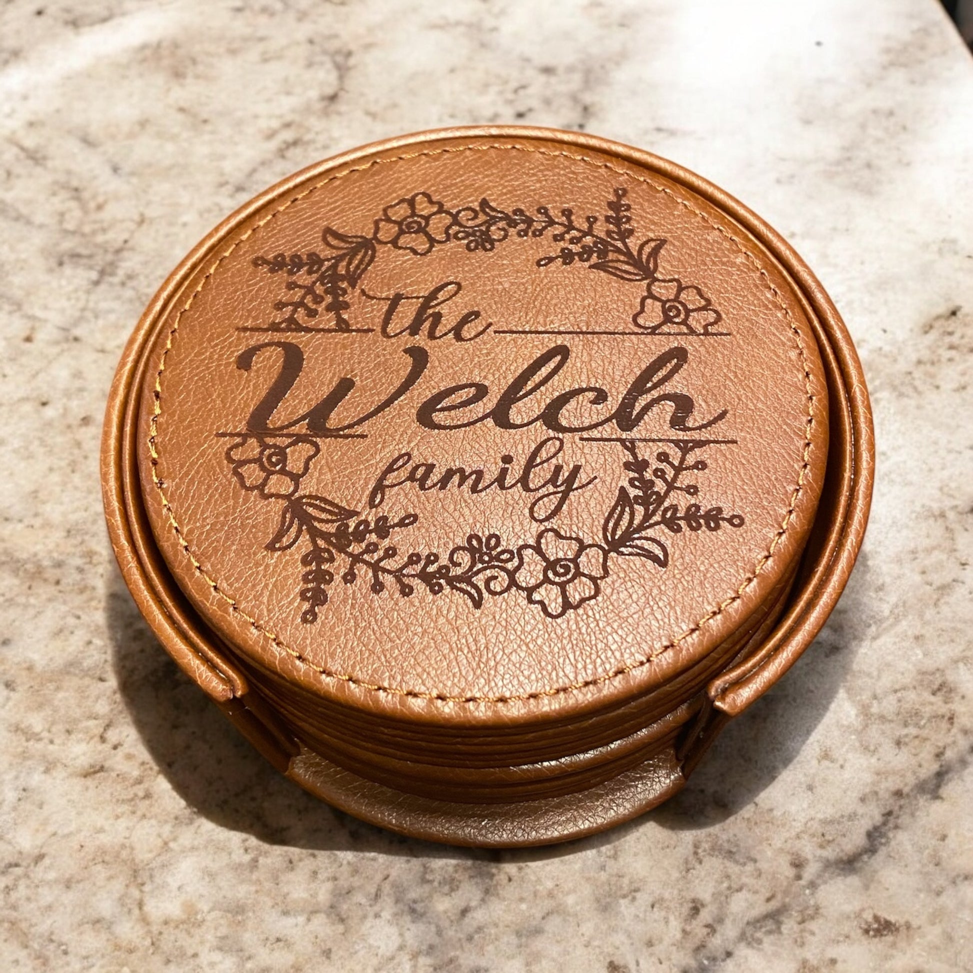 Personalized Leather Coaster Set, Engraved Arch Flower Design Family Name, 6-Piece Drink Coasters with Holder, Customized Housewarming Gift, Custom Leather Coasters, Unique Family Gift - SystemPoint Solutions