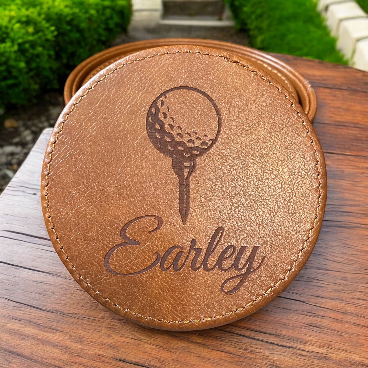 Custom Golf Ball Tee Leather Coaster Set with Family Name, Personalized Golf Gift - SystemPoint Solutions