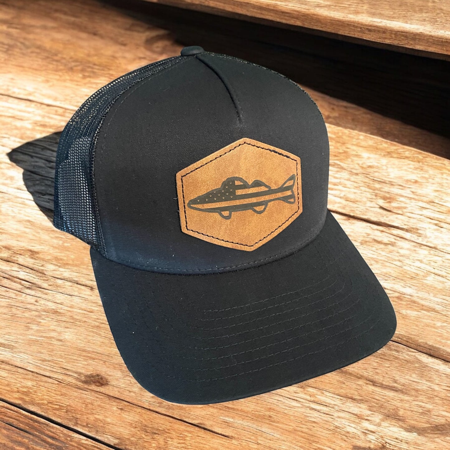 USA Walleye Hat – Leather Patch Trucker Cap | American Flag Fishing Hat | Custom Engraved Fishing Gift | Outdoorsman & Angler Hat - SystemPoint Solutions