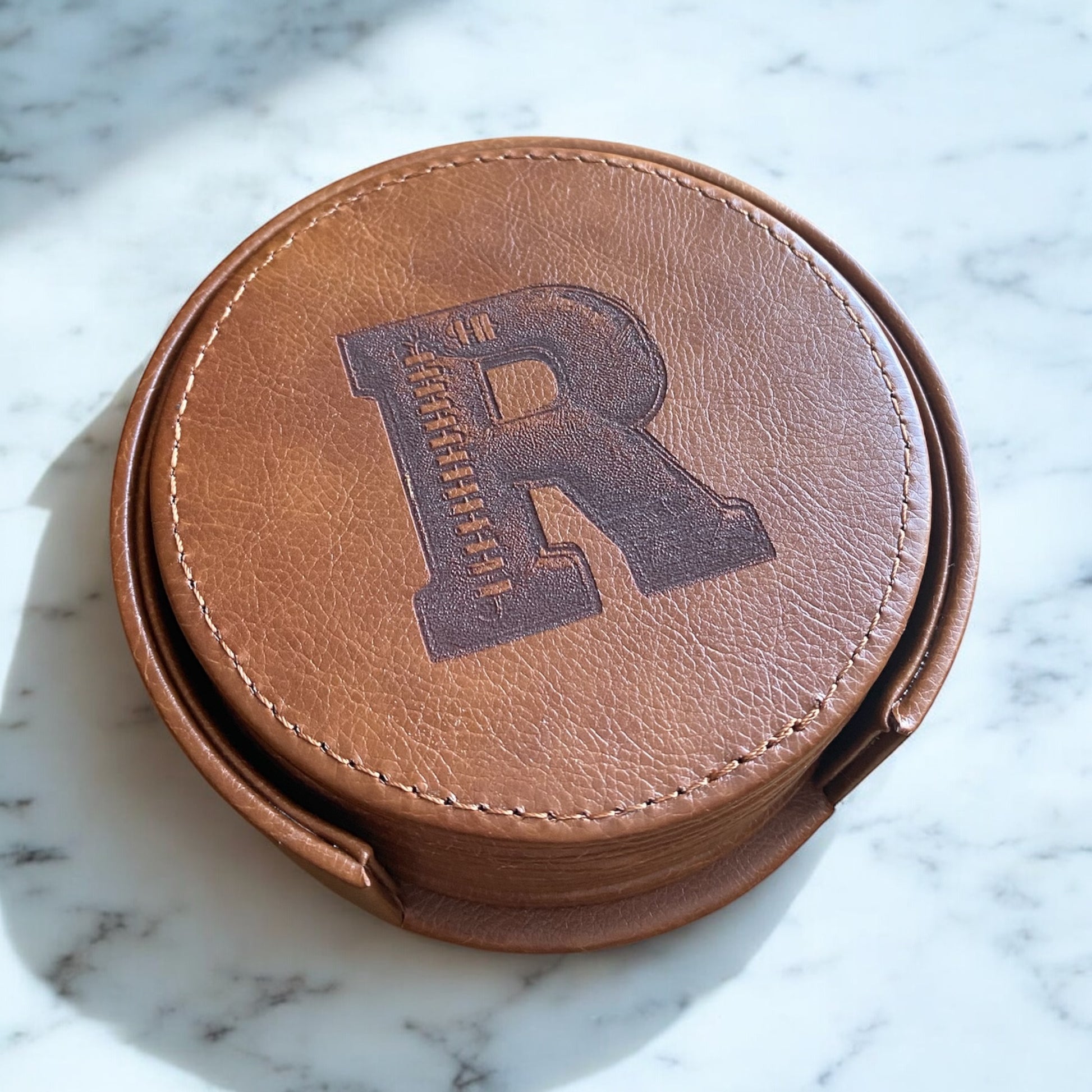 Personalized Monogram Leather Coaster Football Set with Holder – Set of 6 - SystemPoint Solutions