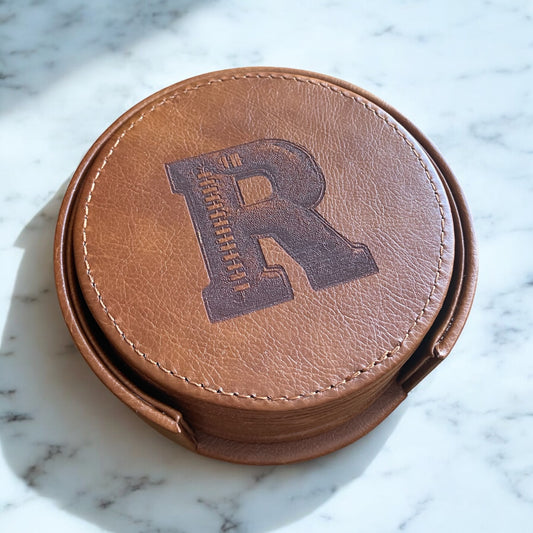 Personalized Monogram Leather Coaster Football Set with Holder – Set of 6 - SystemPoint Solutions