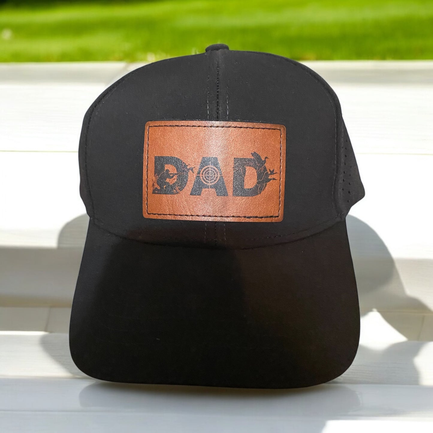 Custom Patch Hunting Theme Dad Hat Rustic Engraved Leather Patch Hat Gift for Hunters and Outdoorsmen - SystemPoint Solutions