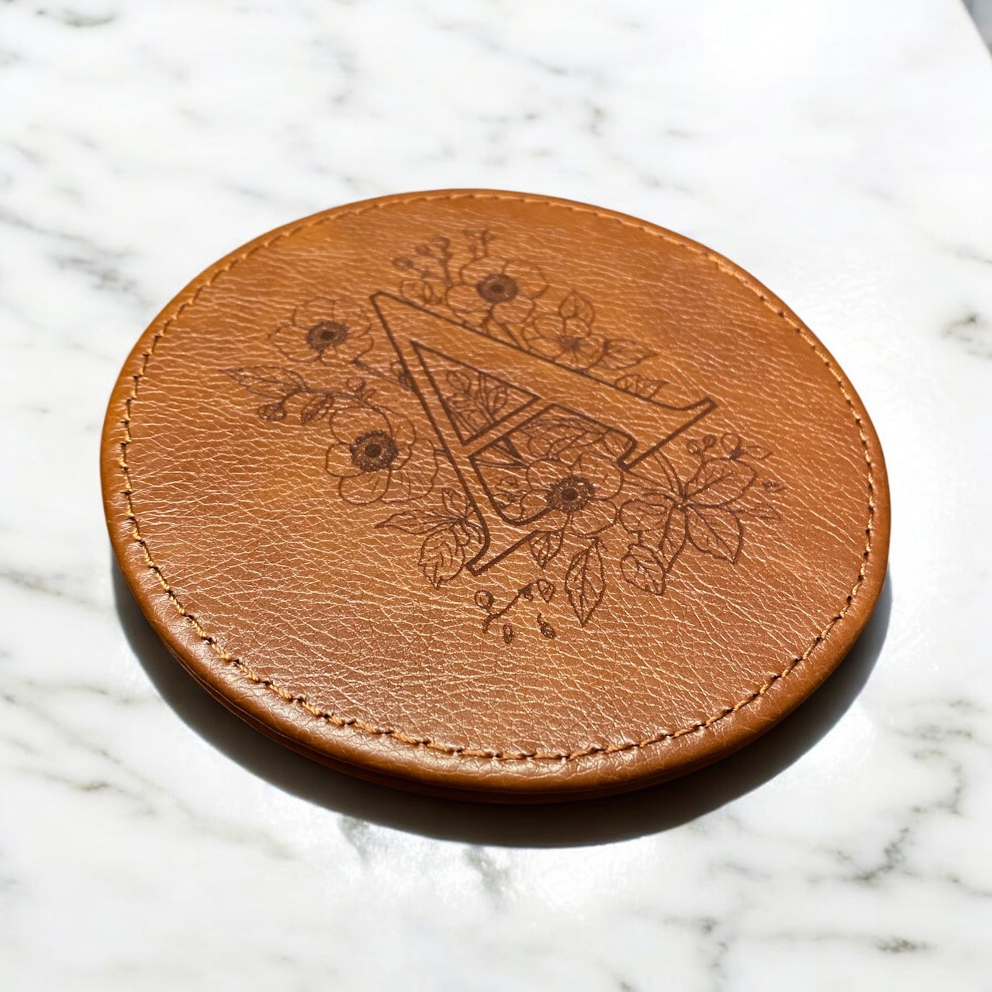 Set of 6 Leather Coasters with Holder - Custom Monogram Single Letter with Flowers, Laser Engraved Gift Set - SystemPoint Solutions