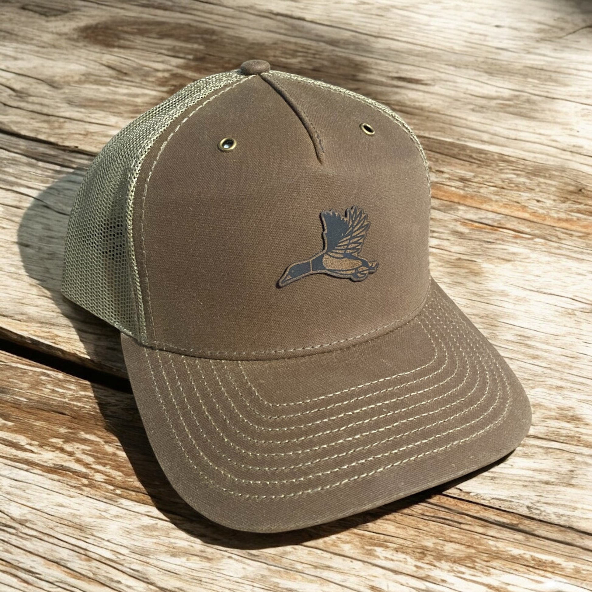 Duck Hunting Leather Patch Hat - Brown Trucker Cap - Waterfowl Hunting Snapback - Outdoor Sportsman Hat for Hunters - SystemPoint Solutions