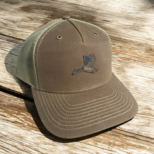 Duck Hunting Leather Patch Hat - Brown Trucker Cap - Waterfowl Hunting Snapback - Outdoor Sportsman Hat for Hunters - SystemPoint Solutions