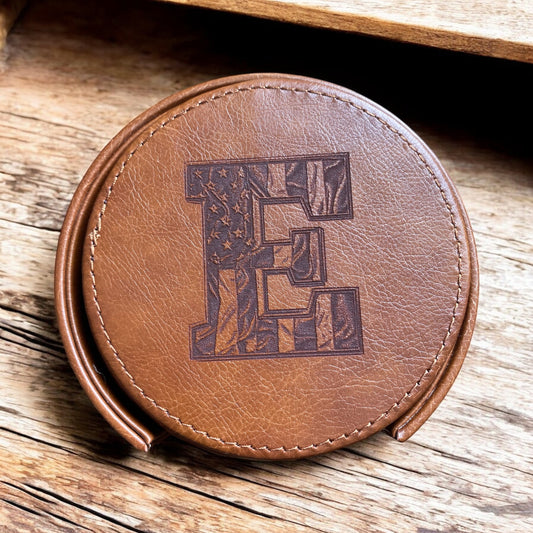 Personalized American Monogram Leather Coasters Set of 6 with Holder - SystemPoint Solutions