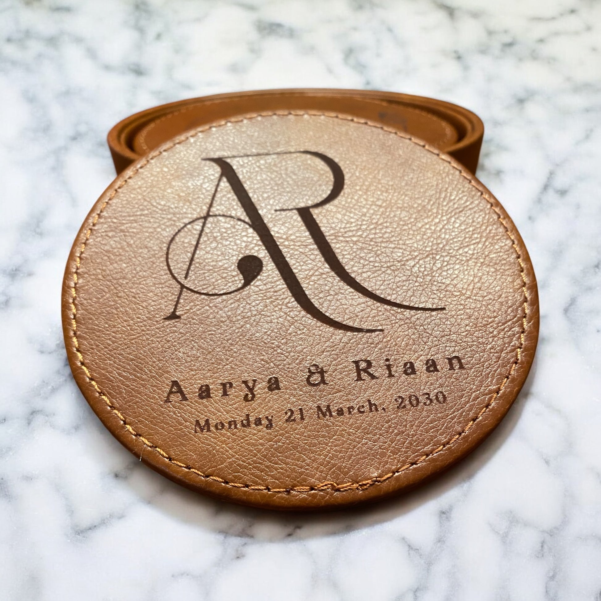 Set of 6 Leather Coasters with Holder - Custom Monogram Initial with Names and Date, Laser Engraved Gift Set - SystemPoint Solutions