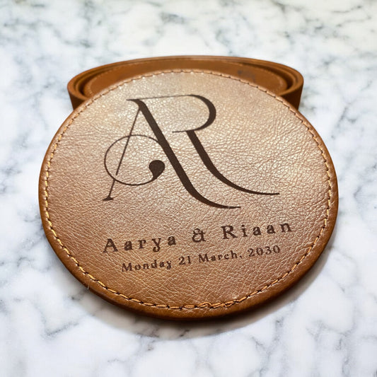 Set of 6 Leather Coasters with Holder - Custom Monogram Initial with Names and Date, Laser Engraved Gift Set - SystemPoint Solutions