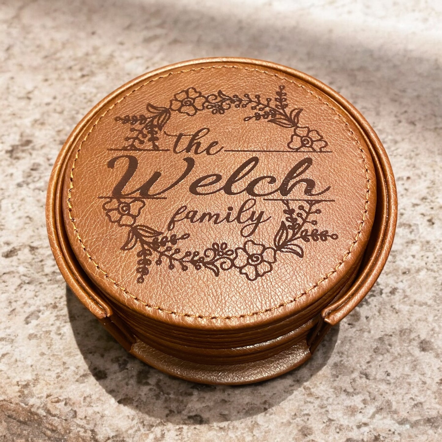 Personalized Leather Coaster Set, Engraved Arch Flower Design Family Name, 6-Piece Drink Coasters with Holder, Customized Housewarming Gift, Custom Leather Coasters, Unique Family Gift - SystemPoint Solutions