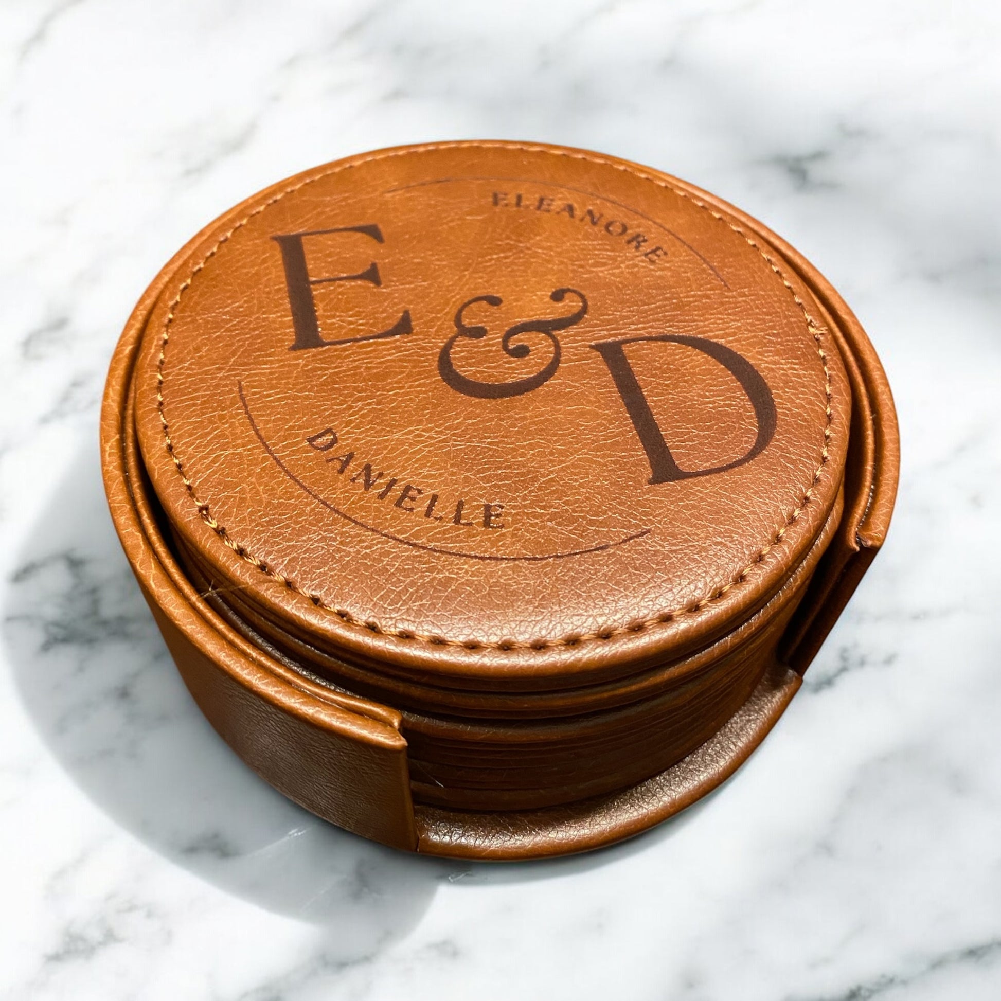 Set of 6 Leather Coasters with Holder - Custom Circle Design Letter Coasters, Laser Engraved Gift Set - SystemPoint Solutions