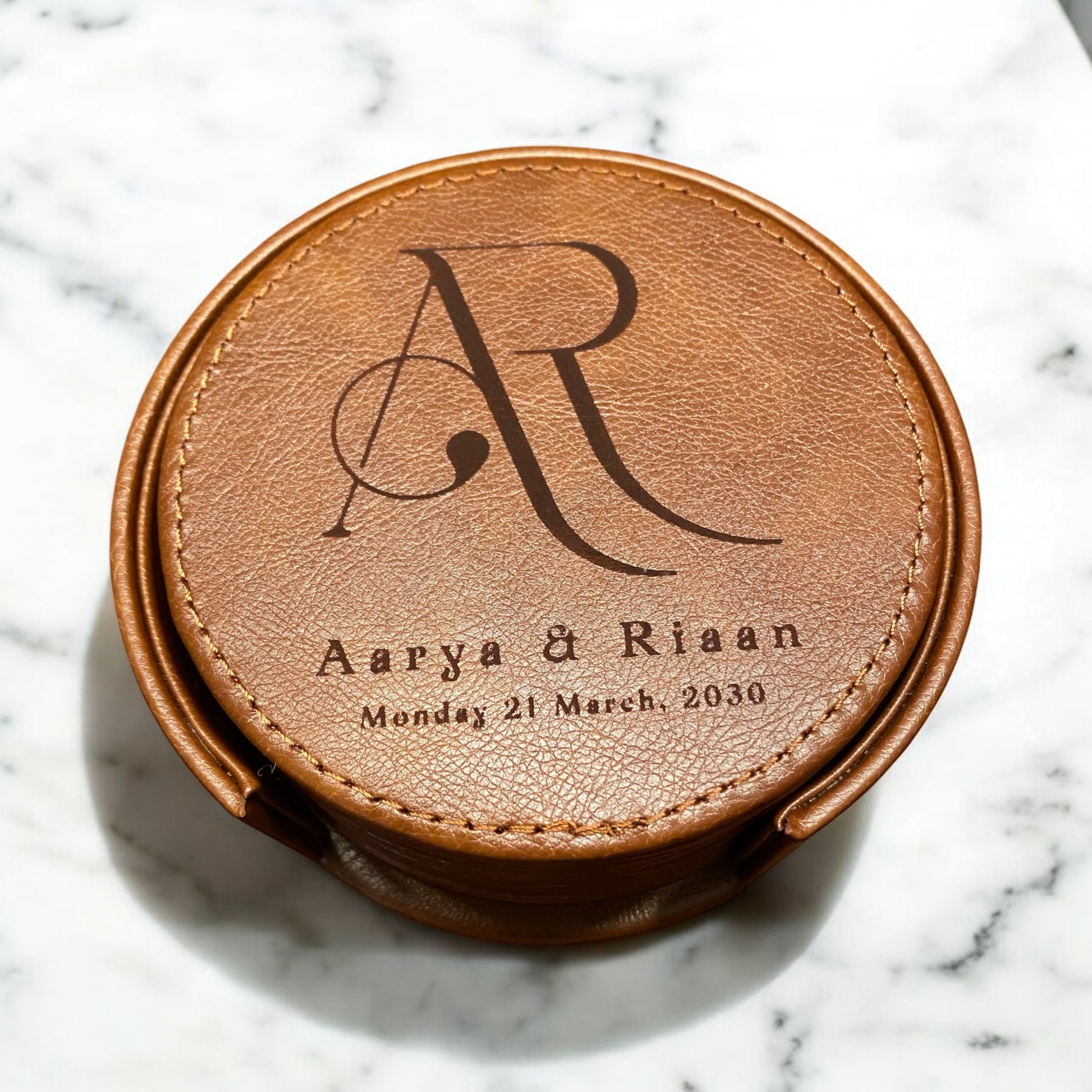 Set of 6 Leather Coasters with Holder - Custom Monogram Initial with Names and Date, Laser Engraved Gift Set - SystemPoint Solutions