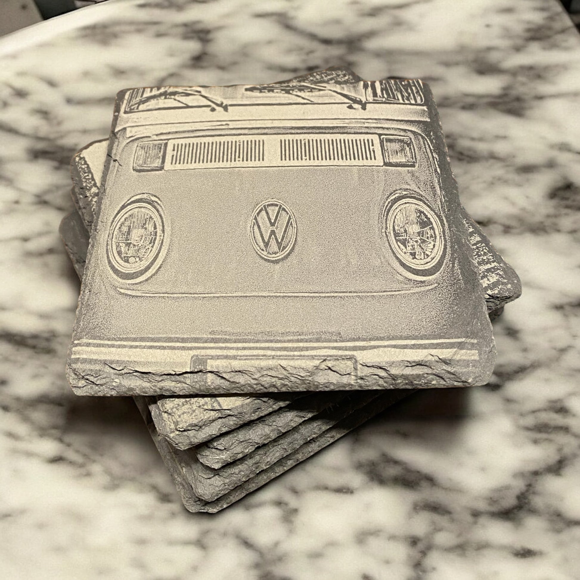 Set of 4 VW Bus Slate Coasters - Custom Laser Engraved, Retro Car Coasters, Vintage VW Bus Gift Set - SystemPoint Solutions