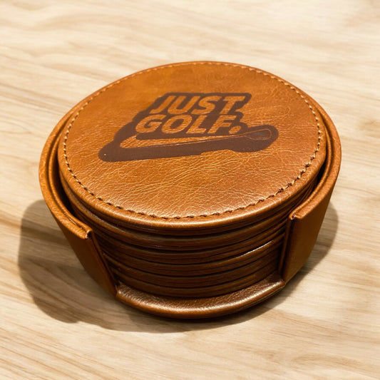 6-Piece Leather Coaster Set with Holder - Custom Laser Engraved 'Just Golf' Design, Golf Lover Gift - SystemPoint Solutions