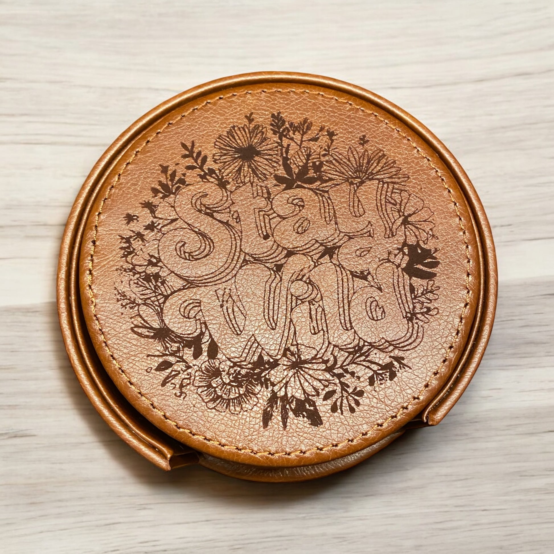 Set of 6 Leather Coasters with Holder - Custom 'Stay Wild' Flower Theme, Laser Engraved Gift Set - SystemPoint Solutions