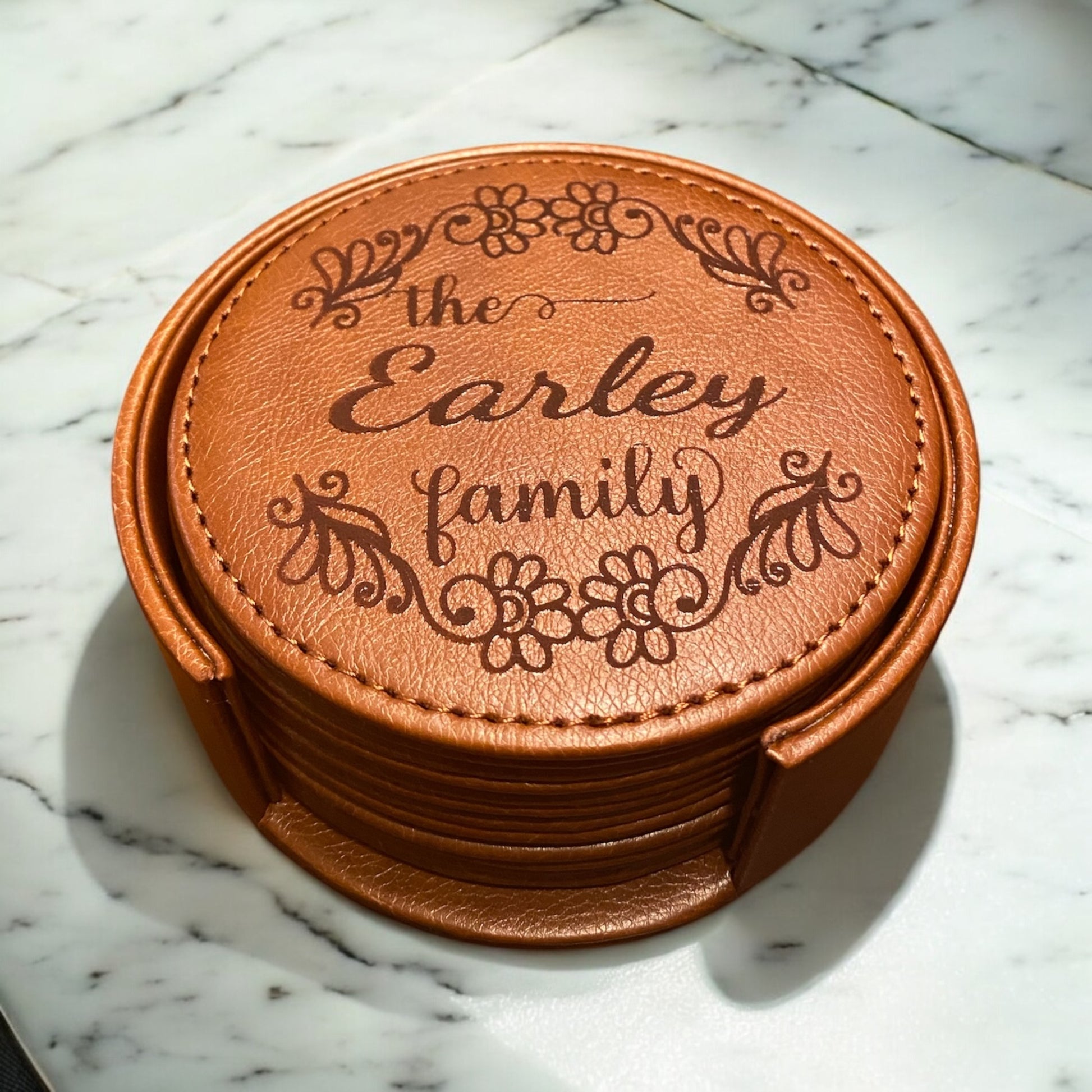 Personalized Leather Coaster Set - Engraved Family Flower Cursive Name - 6 Piece Drink Coasters with Holder - Customized Housewarming Gift - SystemPoint Solutions