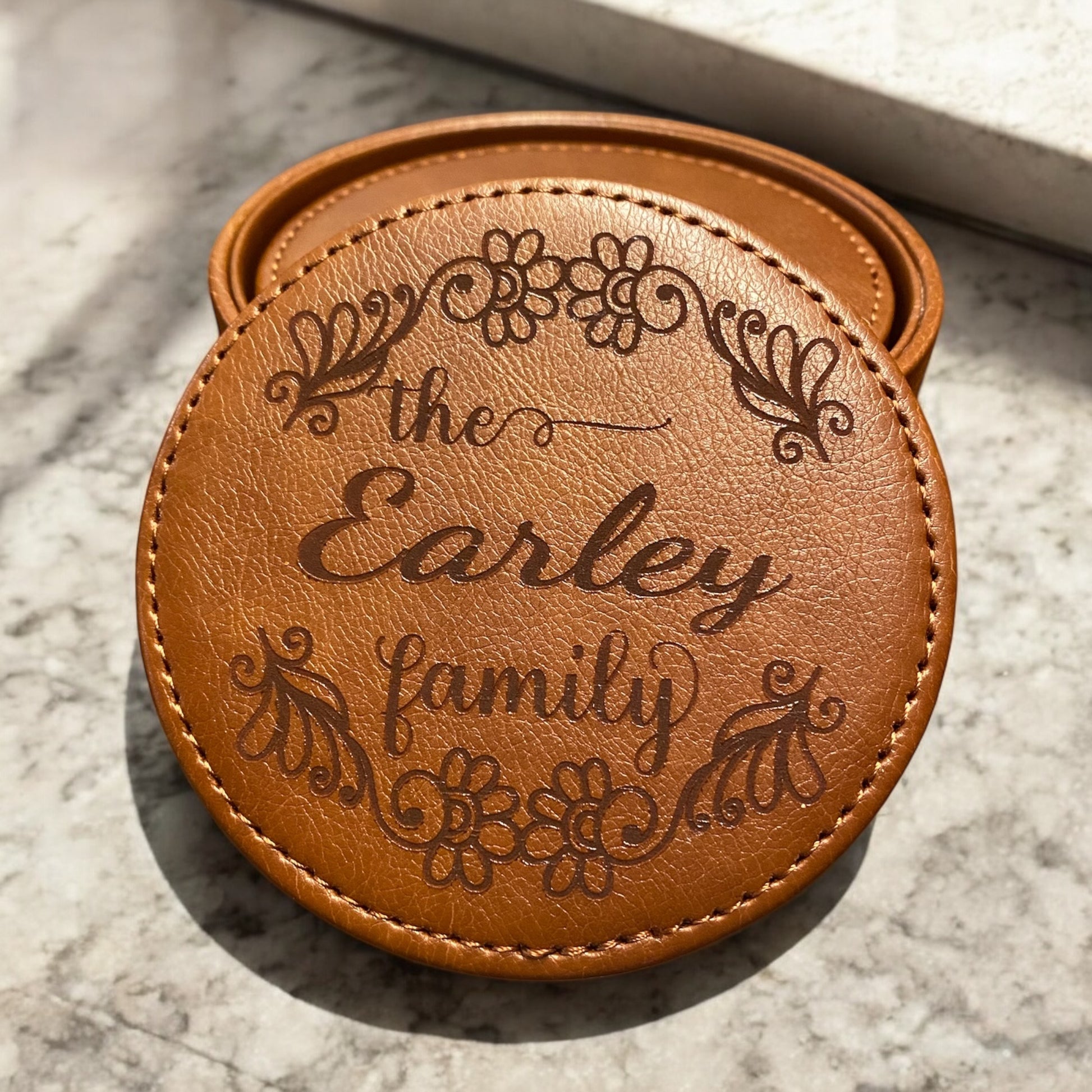 Personalized Leather Coaster Set - Engraved Family Flower Cursive Name - 6 Piece Drink Coasters with Holder - Customized Housewarming Gift - SystemPoint Solutions