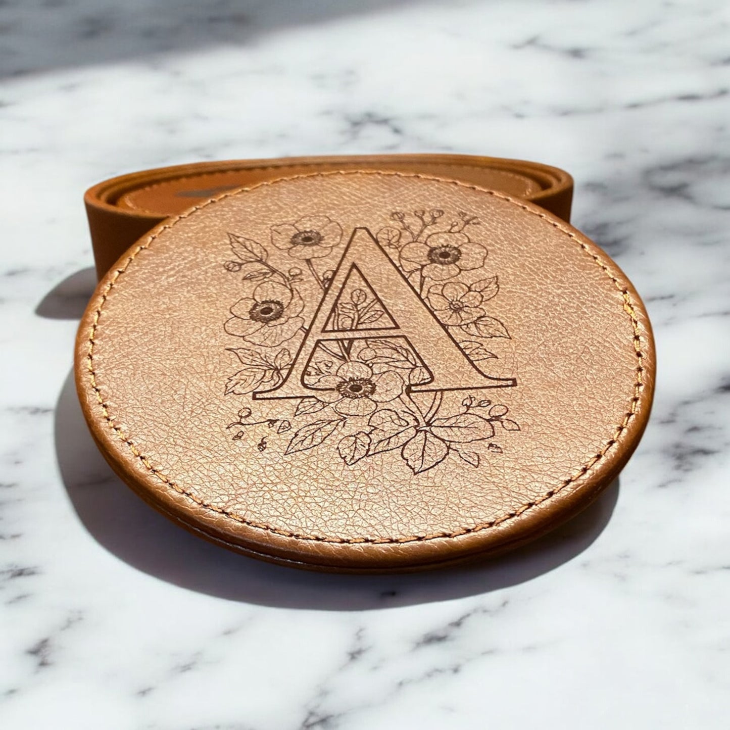 Set of 6 Leather Coasters with Holder - Custom Monogram Single Letter with Flowers, Laser Engraved Gift Set - SystemPoint Solutions