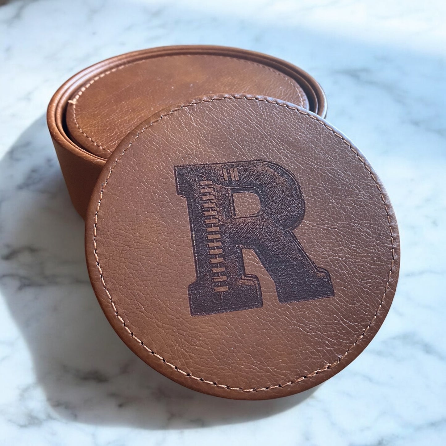 Personalized Monogram Leather Coaster Football Set with Holder – Set of 6 - SystemPoint Solutions