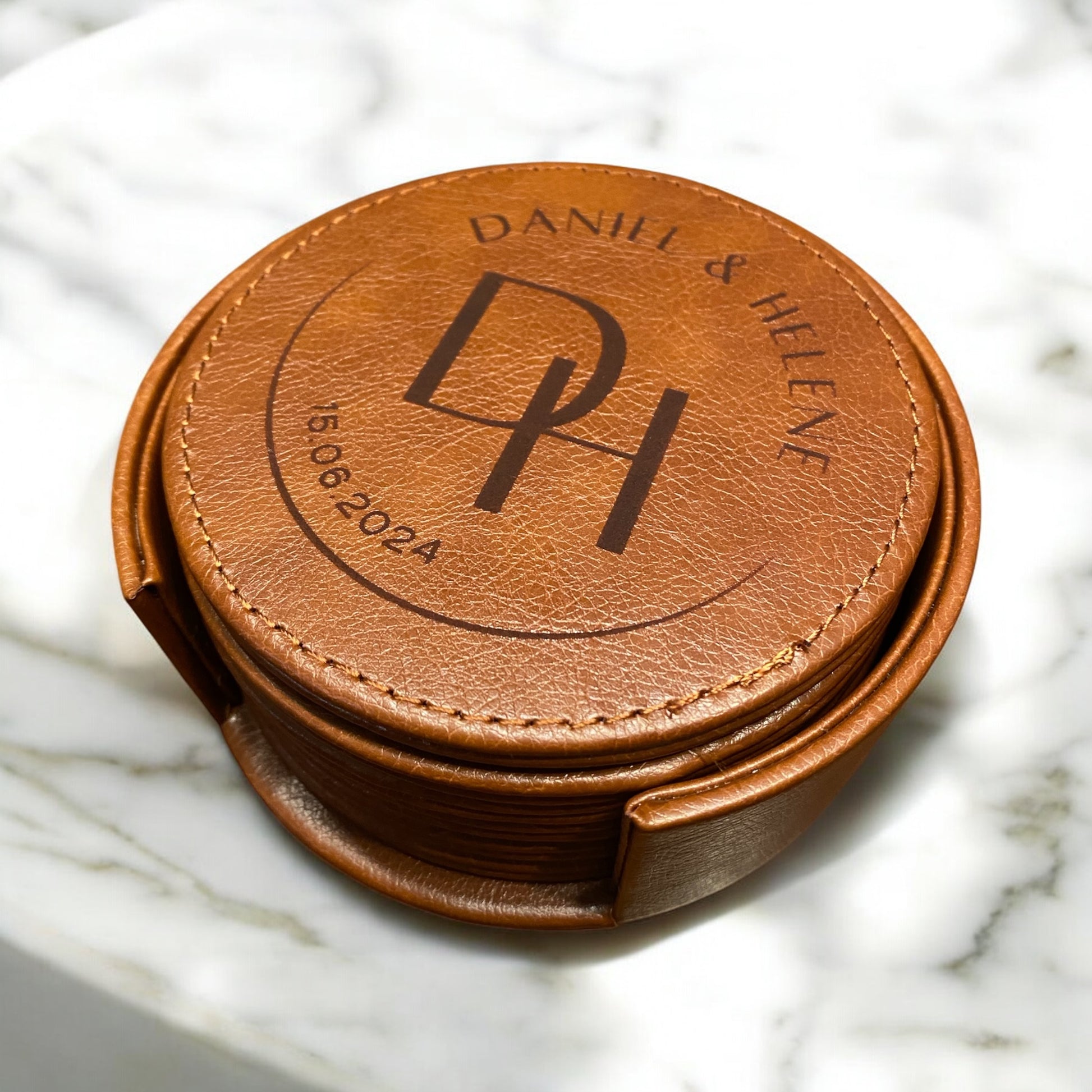 Set of 6 Leather Coasters with Holder - Custom Circle Name Design with Date, Laser Engraved Gift Set - SystemPoint Solutions