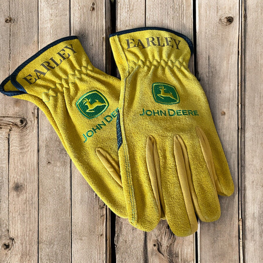 Custom Leather Work Gloves - Personalized John Deere Farming Gloves - Engraved Name Ranch Gloves - Heavy Duty Farm & Ranch Gear - SystemPoint Solutions