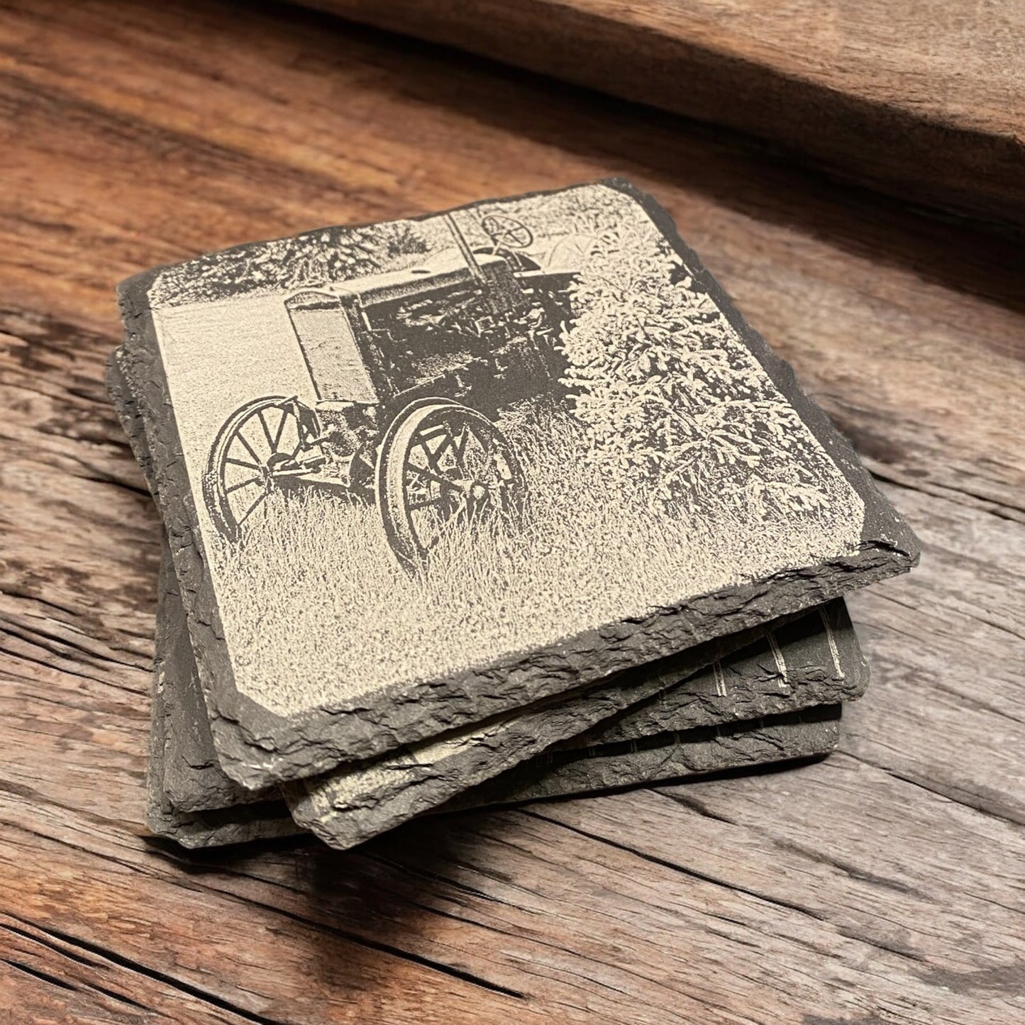 Set of 4 Tractor Scene Slate Coasters - Custom Laser Engraved, Farm Tractor Coasters, Country Life Gift Set - SystemPoint Solutions