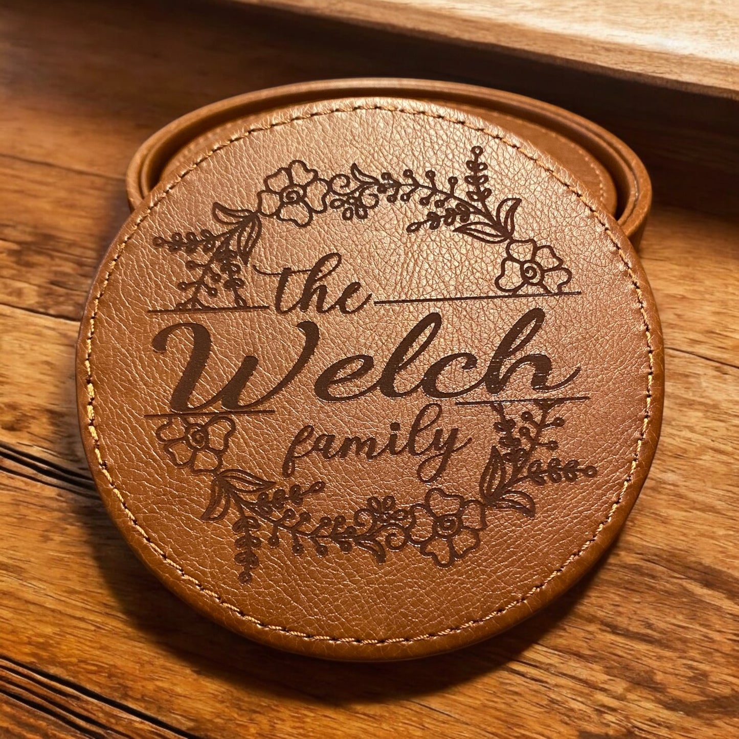 Personalized Leather Coaster Set, Engraved Arch Flower Design Family Name, 6-Piece Drink Coasters with Holder, Customized Housewarming Gift, Custom Leather Coasters, Unique Family Gift - SystemPoint Solutions