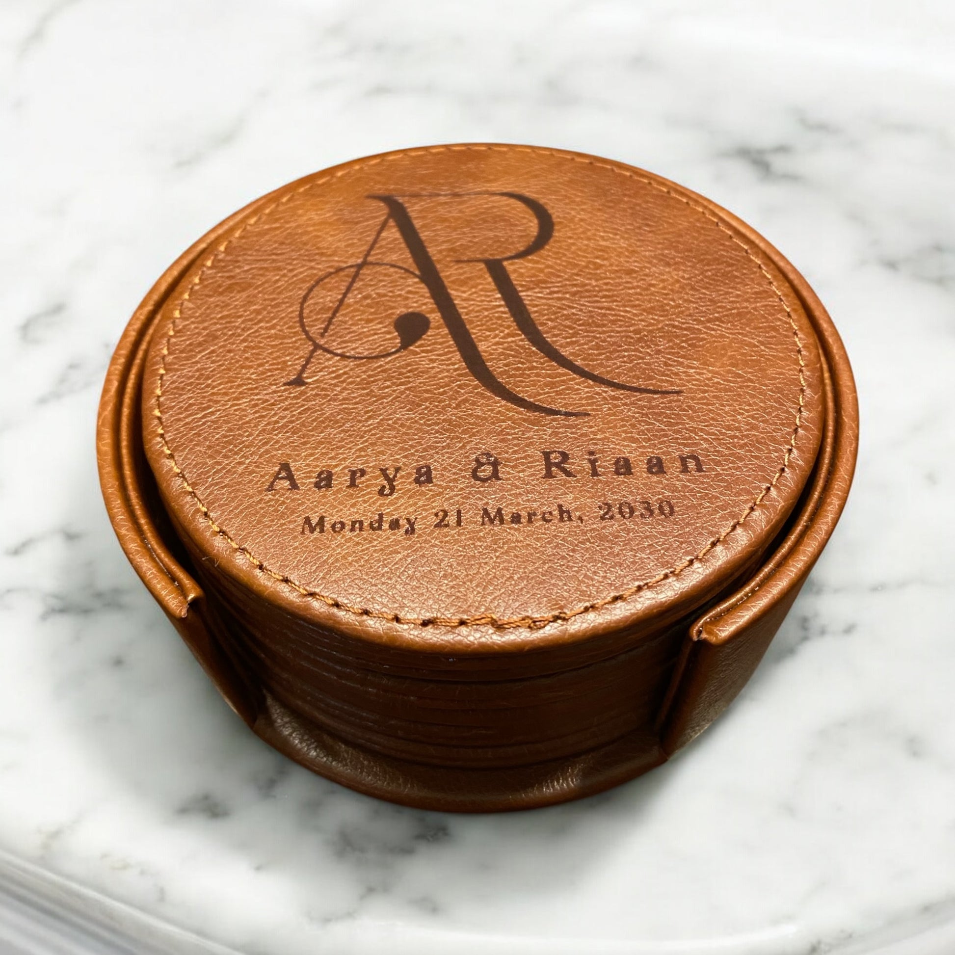 Set of 6 Leather Coasters with Holder - Custom Monogram Initial with Names and Date, Laser Engraved Gift Set - SystemPoint Solutions